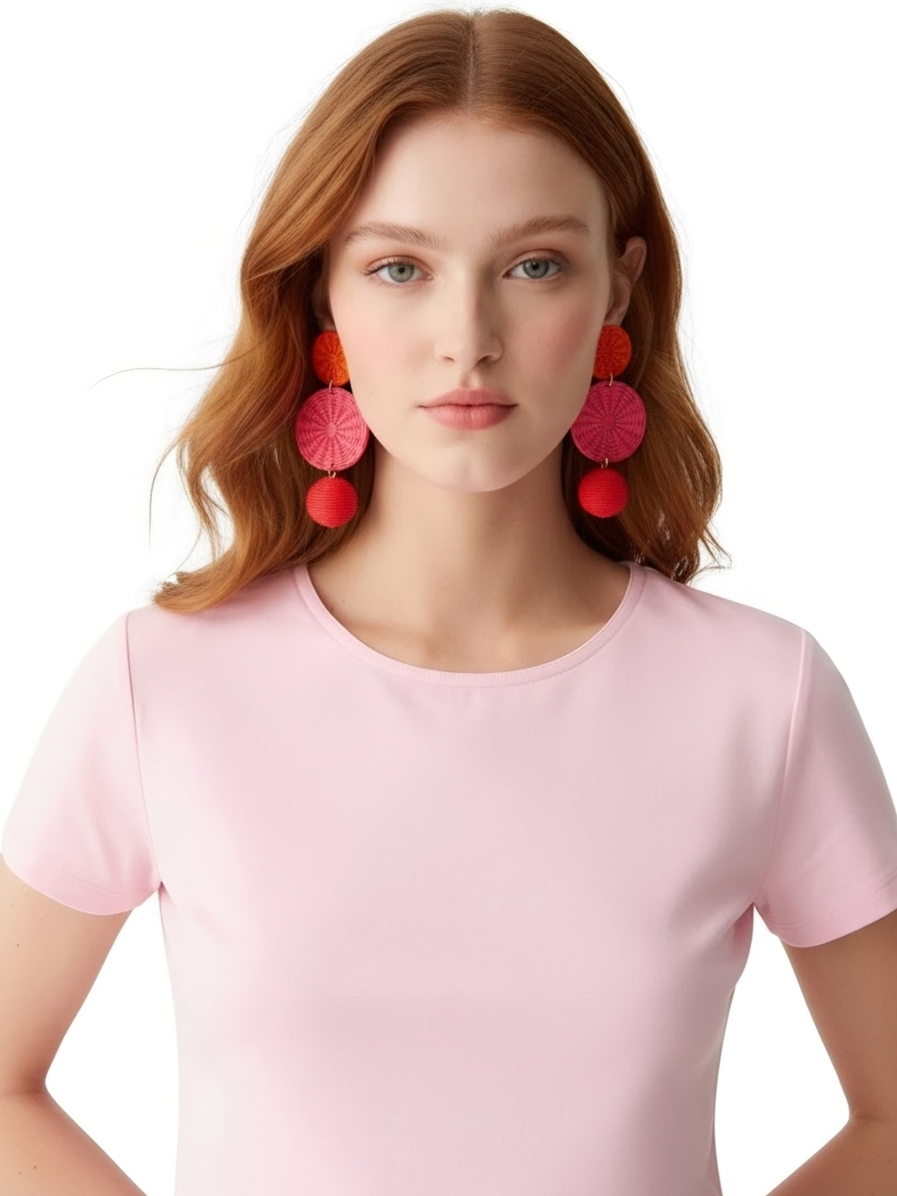 New! J. Crew Raffia Straw Bohemian Tripe Drop Orange Pink Red Earrings